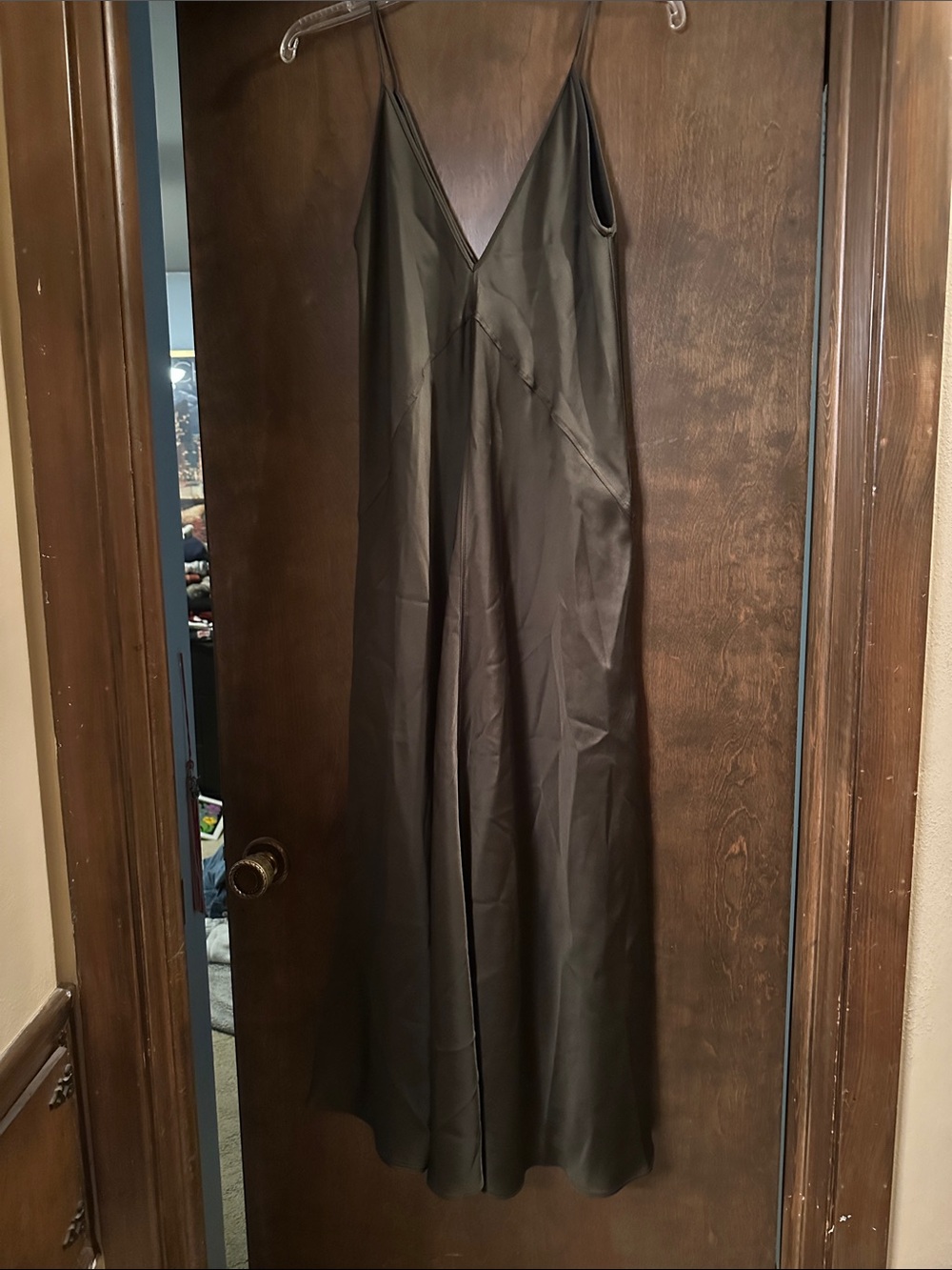 Zara Satin Slip Dress in Olive Green - Small
